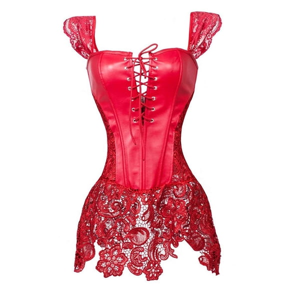 Corset Steampunk Lace Zip pu Leather Bustier dress Gothic Lingerie Plus Size Red 5XL