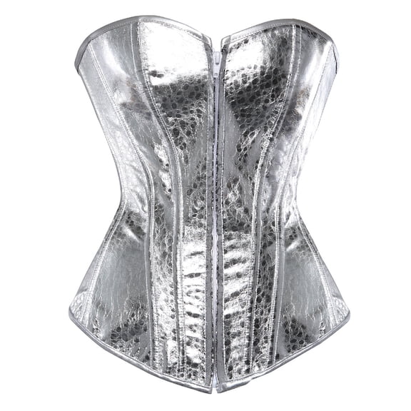 Corset Top Bustier Faux Leather Front Zipper Burlesque Womens Plus Size Silver 2XL
