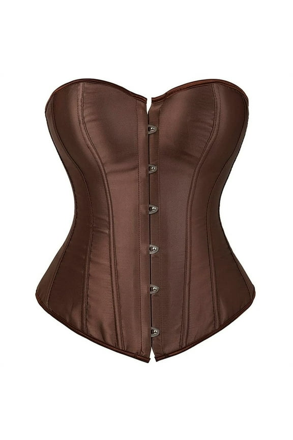Corset Top Bustier Renaissance Lace up Lingerie Women Overbust Satin 01-Brown S