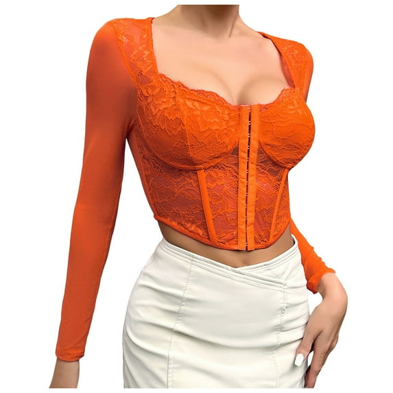 Corset Top Going Out Outfits for Women Women's Long Sleeve Lace Mesh Crop Top Sexy Corset Slim Fit Square Neck Solid Color Top