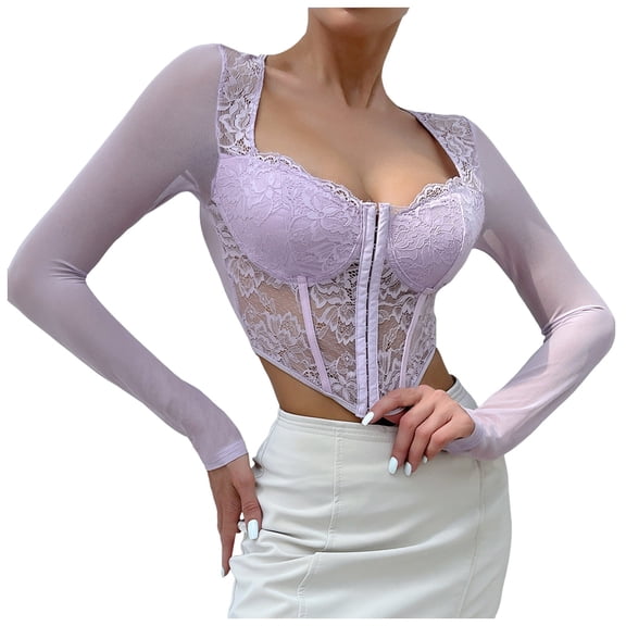 Corset Top Going Out Outfits for Women Women's Long Sleeve Lace Mesh Crop Top Sexy Corset Slim Fit Square Neck Solid Color Top