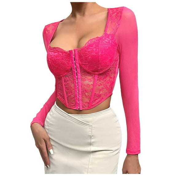 Corset Top Going Out Outfits for Women Women's Long Sleeve Lace Mesh Crop Top Sexy Corset Slim Fit Square Neck Solid Color Top