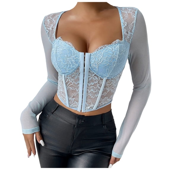 Corset Top Going Out Outfits for Women Women's Long Sleeve Lace Mesh Crop Top Sexy Corset Slim Fit Square Neck Solid Color Top
