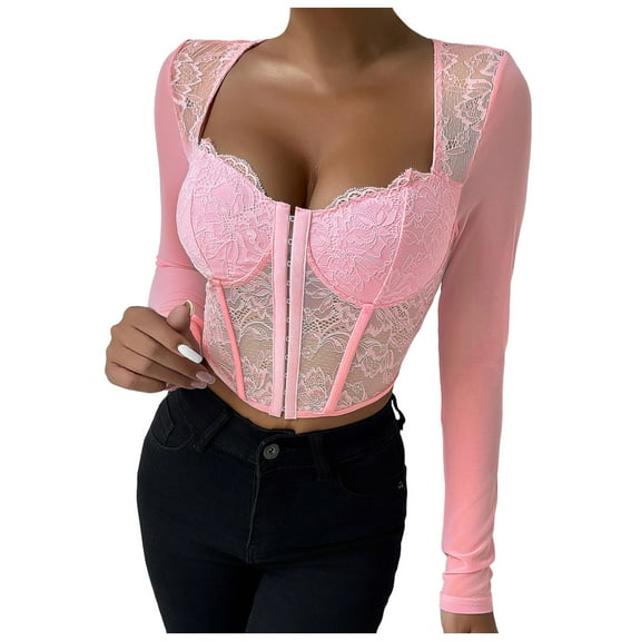 Corset Top Going Out Outfits for Women Women's Long Sleeve Lace Mesh Crop Top Sexy Corset Slim Fit Square Neck Solid Color Top