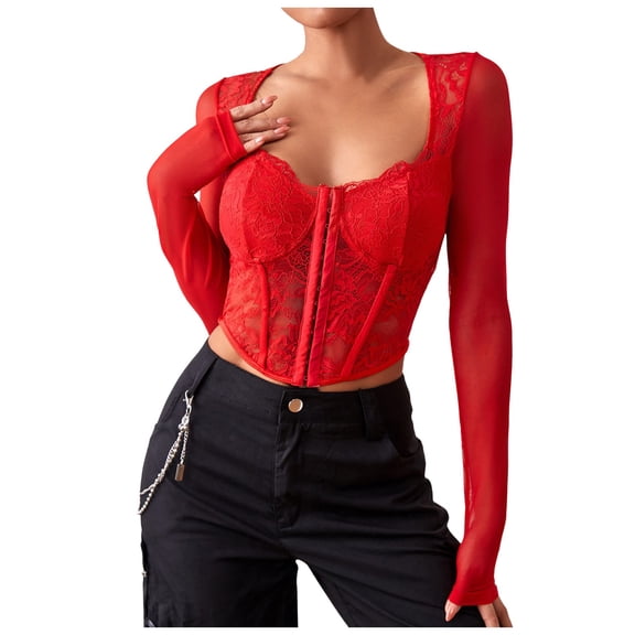 Corset Top Going Out Outfits for Women Women's Long Sleeve Lace Mesh Crop Top Sexy Corset Slim Fit Square Neck Solid Color Top