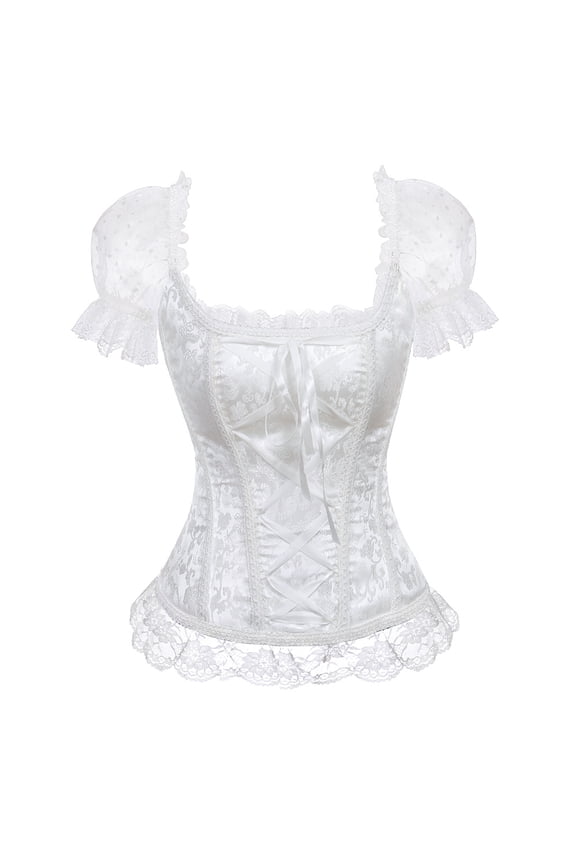 Corset Top Women with Sleeves Zipper Basques Lace Lingerie Plus Size White 6XL