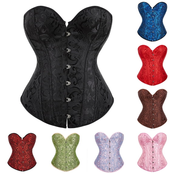 Corset Top for Women Satin Floral Lace Up Bustier Overbust Strapless Body Shapewear Waist Trainer, Red Size M