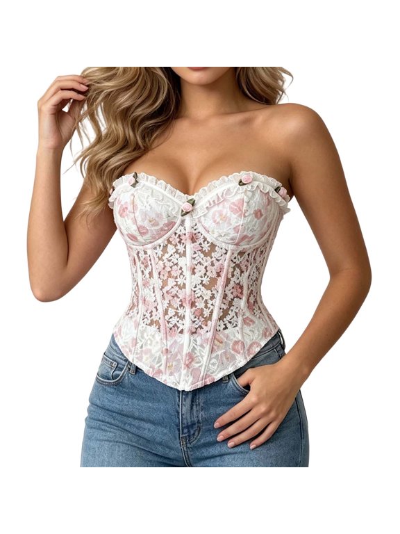 Corset Top for Women Strapless Vintage Romance Floral Lace Embroidery Bustier Perspective Shapwear for Daily Wear Pink S