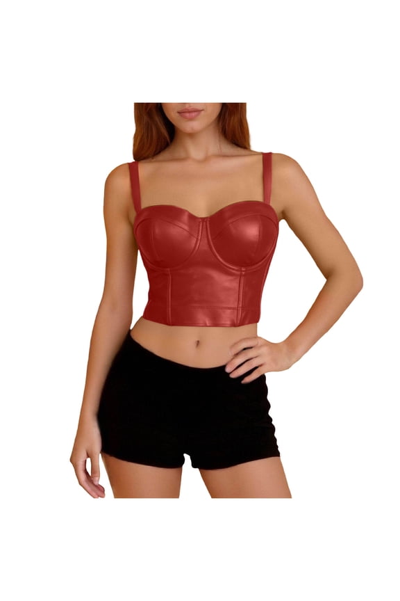 Corset Tops For Women Faux Leather Spaghetti Strap Push Up Cropped Bustiers Slimming Stretchy Bra Vest (M, Red)