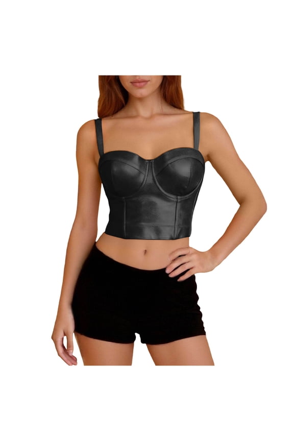 Corset Tops For Women Faux Leather Spaghetti Strap Push Up Cropped Bustiers Slimming Stretchy Bra Vest (S, Black)