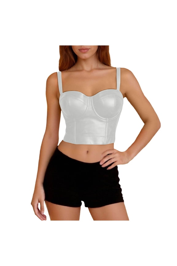 Corset Tops For Women Faux Leather Spaghetti Strap Push Up Cropped Bustiers Slimming Stretchy Bra Vest (XXL, White)