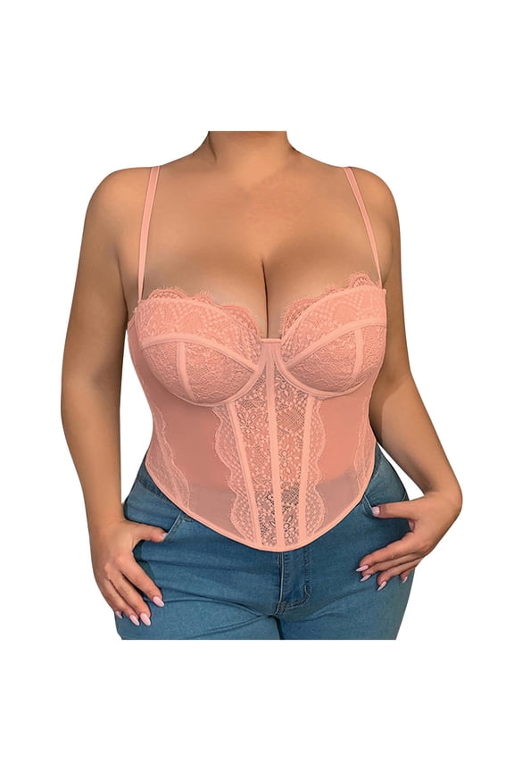 Corset Tops For Women Sevevn Women's Plus Size Lace Mesh Corset Top Push-Up Bustier Pink 4XL