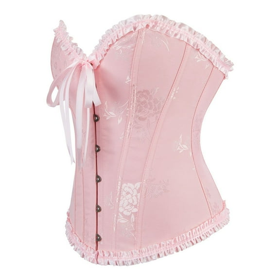 Corset Tops for Women Vintage Ruffles Halloween Boned Bustier Bodysuit with Front Tie Lace Up 1920S Retro Overbust Push Up Waist Trainer Pink XS