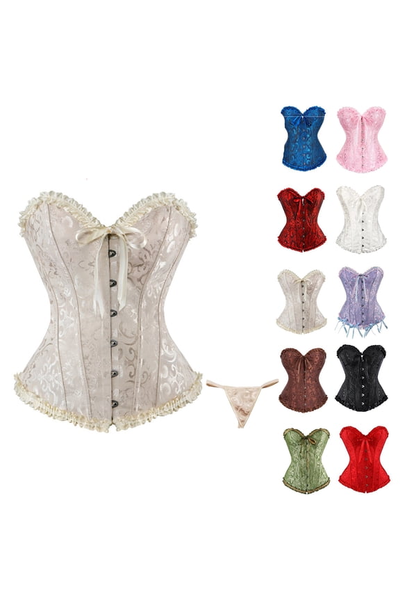 Corset Tops for Women, Beige Corset Satin Floral Boned Overbust Body Shaper Bustier Waist Push Up Shapewear Lingerie (4XL)