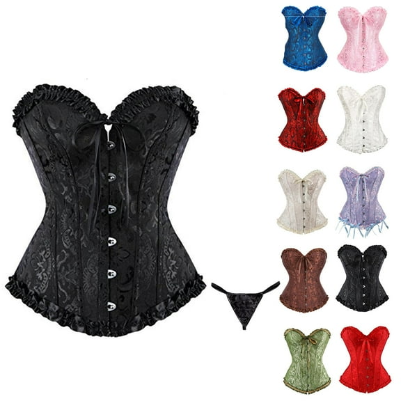 Corset Tops for Women, Black Corset Satin Floral Boned Overbust Body Shaper Bustier Waist Push Up Shapewear Lingerie (3XL)