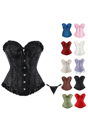 Corset Tops for Women, Black Corset Satin Floral Boned Overbust Body Shaper Bustier Waist Push Up Shapewear Lingerie (L)