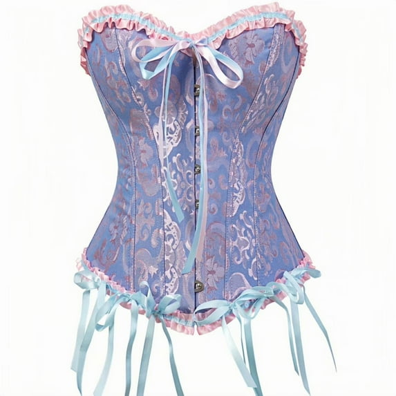 Corset Tops for Women, Bustier Shapewear Women's Lacing Corset Satin Floral Lace Waist Push Up Body Shaper Vintage, Blue and Pink XL