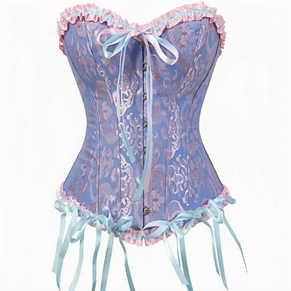 Corset Tops for Women, Bustier Shapewear Women's Lacing Corset Satin Floral Lace Waist Push Up Body Shaper Vintage, Blue and Pink XS