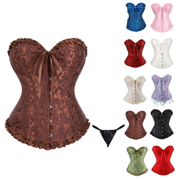 Corset Tops for Women, Coffee Corset Satin Floral Boned Overbust Body Shaper Bustier Waist Push Up Shapewear Lingerie (2XL)