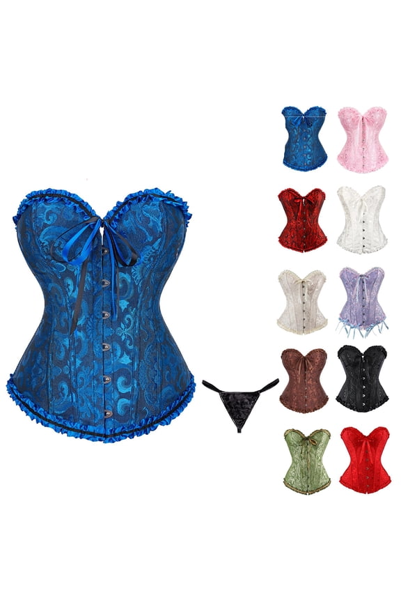 Corset Tops for Women, Dark Blue Corset Satin Floral Boned Overbust Body Shaper Bustier Waist Push Up Shapewear Lingerie (6XL)