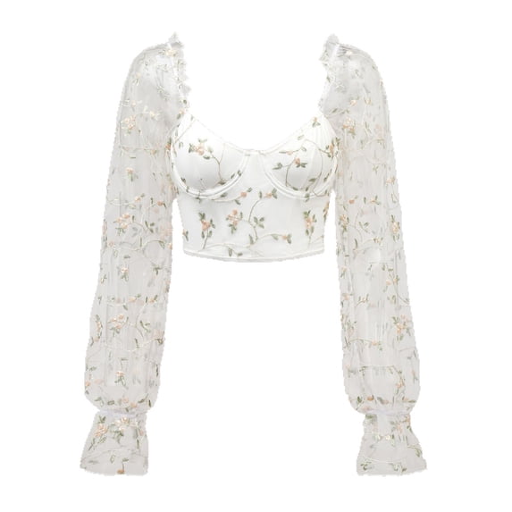 Corset Tops for Women Floral Embroidered Overbust Corsets with Mesh Long Sleeve Trendy Bustier Shapewear S