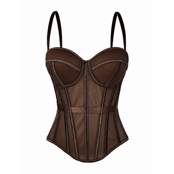 Corset Tops for Women Going Out Bustier Top Sleeveless Adjustable Straps Tops with Back Hooks Dark Brown L