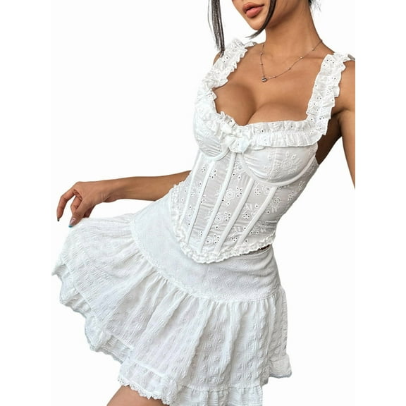 Corset Tops for Women Going Out Lace Mesh Date Night Fall Fashion Outfits Crop Cute Party Club Strap Tank White L