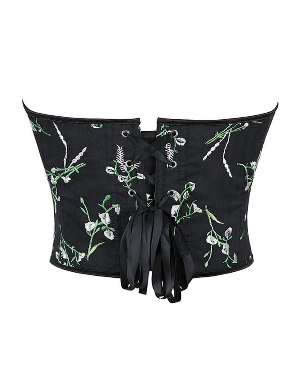 Corset Tops for Women Lace Up Bustier Push Up Overbust Bodysuit Halloween Cosplay Slim Fit Floral Embroidery Patterns Body Shaper for Women Black M