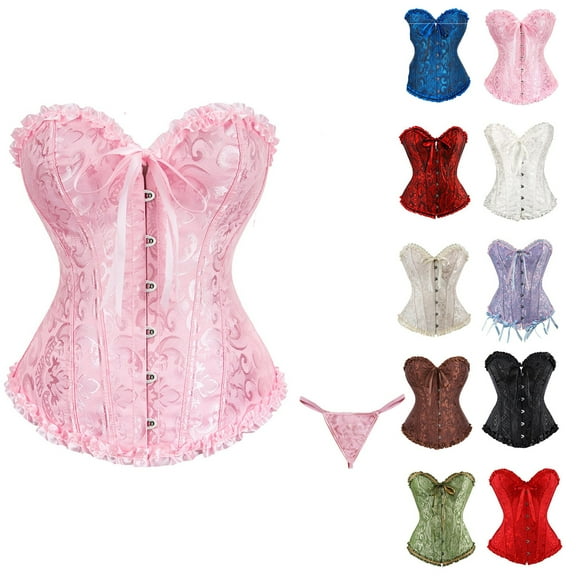 Corset Tops for Women, Pink Corset Satin Floral Boned Overbust Body Shaper Bustier Waist Push Up Shapewear Lingerie (5XL)