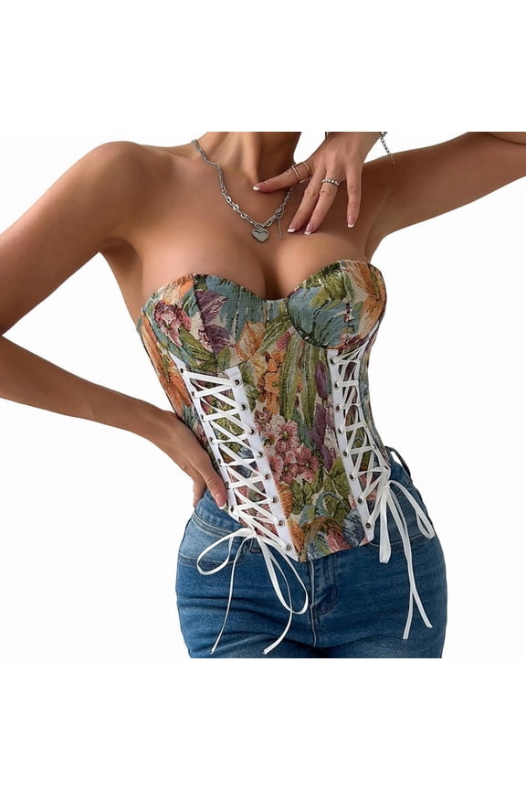 Corset Tops for Women Renaissance Lace Up Floral Overbust Boned Bustier Bodice Green Flowers L