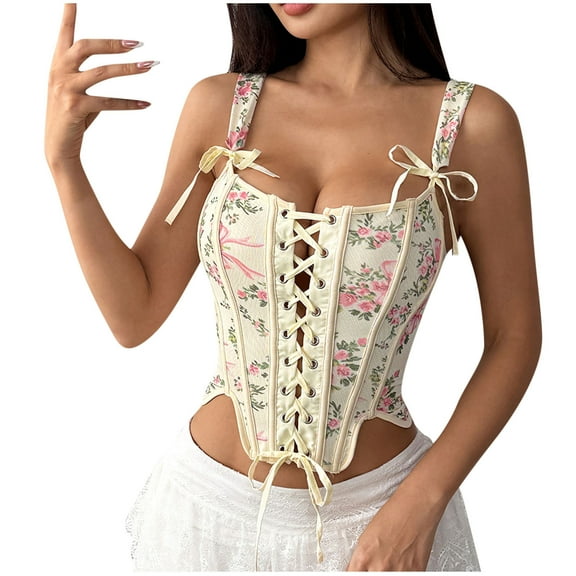 Corset Tops for Women Renaissance Lace up Floral Overbust Boned Bustier Bodice Bodyshaper with Irregular Hem