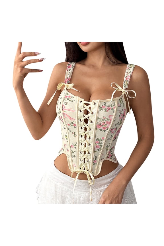 Corset Tops for Women Renaissance Lace up Floral Overbust Boned Bustier Bodice Bodyshaper with Irregular Hem