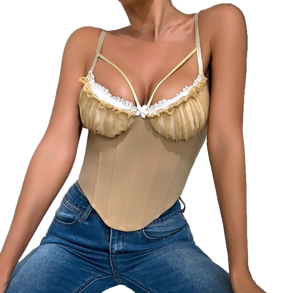 Corset Tops for Women, Ruffled Lace V Neck Lace Mesh Bustier, Spaghetti Strap Night Party Cami Cropped Tops Workout Basic Cropped Tops Khaki M