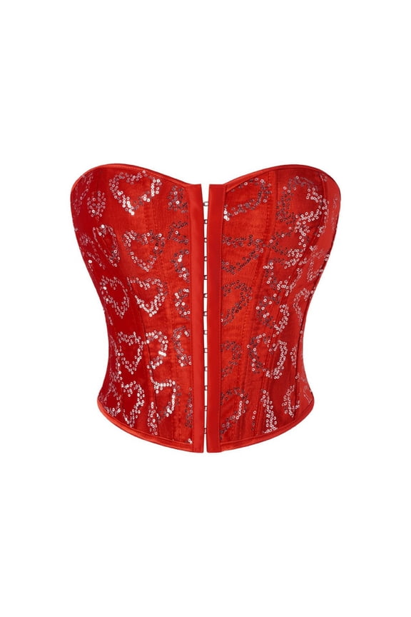 Corset Tops for Women Sequin Heart Front Hook Corsets with Back Lace Up Strapless Bustier Top for Party S