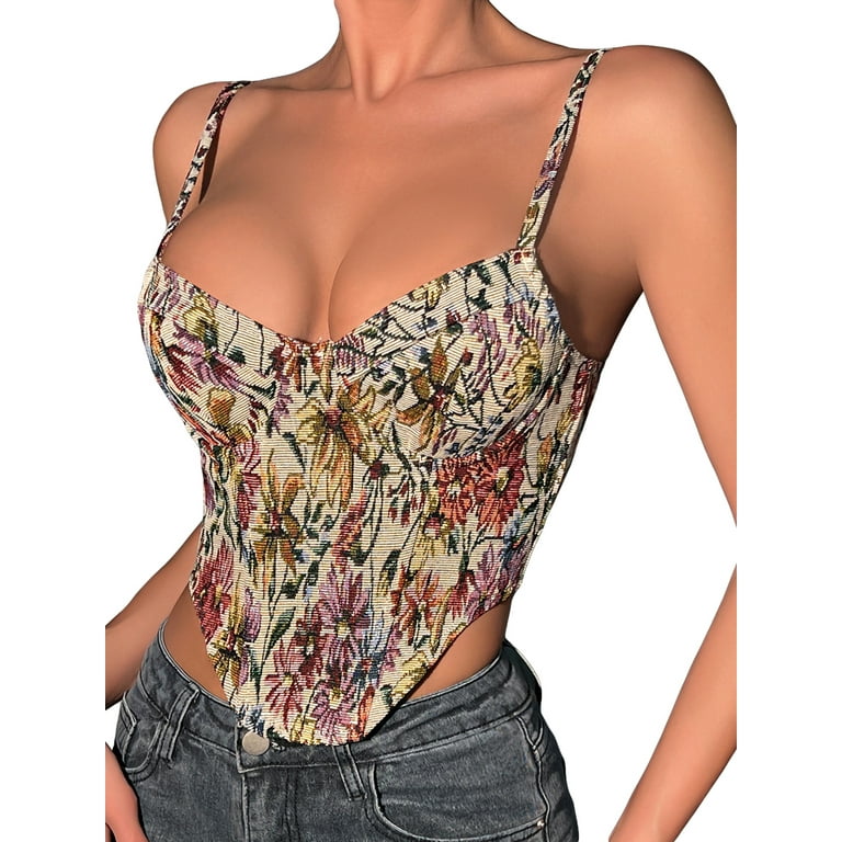 Corset Tops for Women Vintage Floral Pattern Printed Corset Draw String  Drawstring Vest Sexy Top