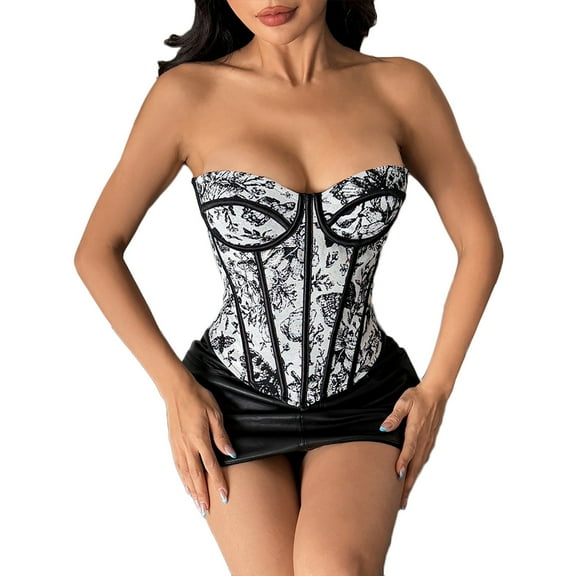 Corset Tops for Women Vintage Floral Printed Pirate Corsets Shapewear Low-Cut Steampunk Corset Overbust