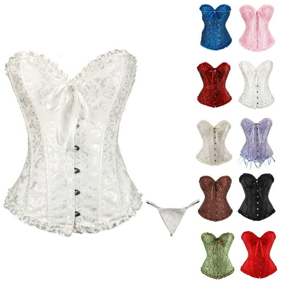 Corset Tops for Women, White Corset Satin Floral Boned Overbust Body Shaper Bustier Waist Push Up Shapewear Lingerie (6XL)