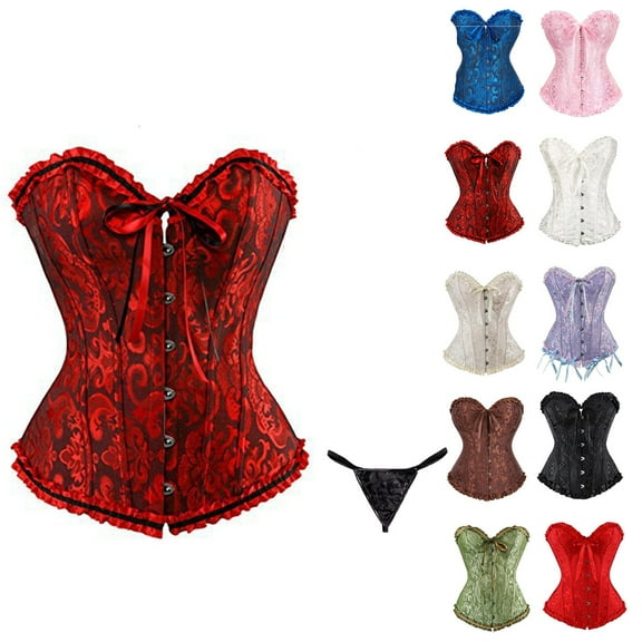 Corset Tops for Women, Wine Corset Satin Floral Boned Overbust Body Shaper Bustier Waist Push Up Shapewear Lingerie (6XL)