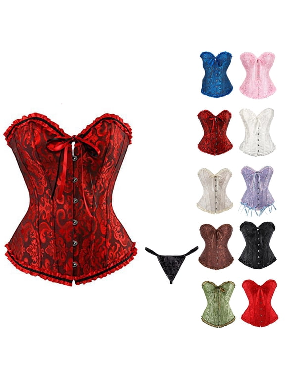 Corset Tops for Women, Wine Corset Satin Floral Boned Overbust Body Shaper Bustier Waist Push Up Shapewear Lingerie (M)