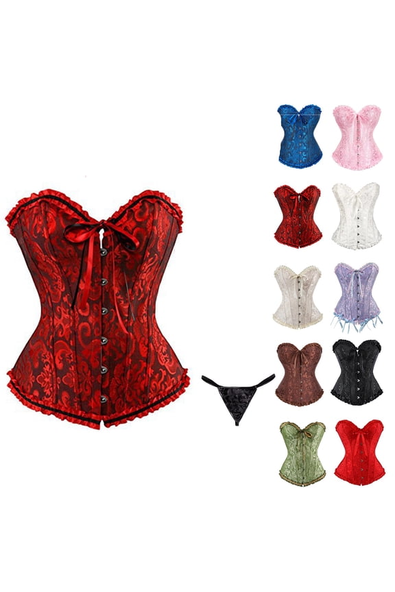 Corset Tops for Women, Wine Corset Satin Floral Boned Overbust Body Shaper Bustier Waist Push Up Shapewear Lingerie (M)