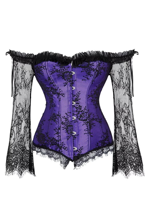 Corset Tops for Women with Sleeves Bustier Princess Lace Floral Medieval Costumes RenaissancePurple 4XL