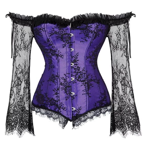Corset Tops for Women with Sleeves Bustier Princess Lace Floral Medieval Costumes RenaissancePurple L