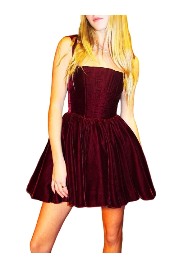 Corset Velvet Flounce Women'S Holiday Cocktail Dress Wine Red L