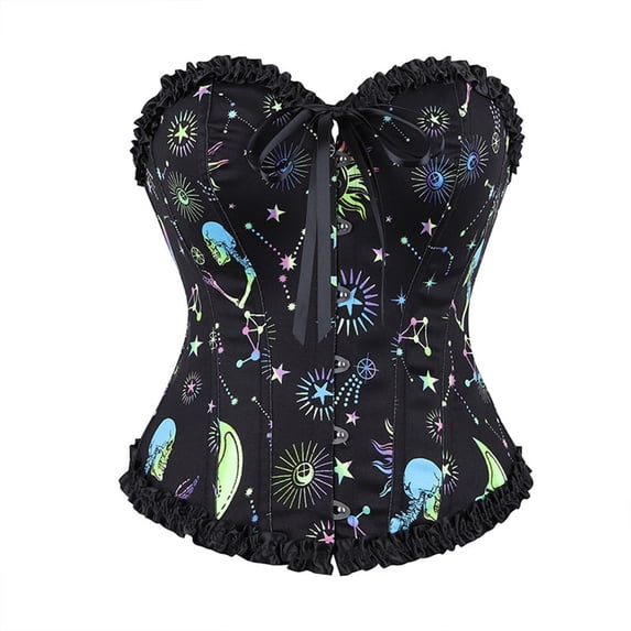 Corset Women's Strapless Sweetheart Ruffle Bustier Skeleton Galaxy Print Steel Bone Waist Cincher Shapewear for Halloween Cosplay Party
