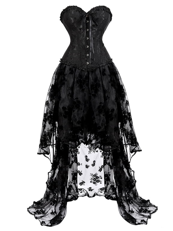 Corset for Women Bustier Overbust and Skirt 2 Pieces tutu Lingerie Gothic Lace basques Plus Size Costume exotic Black 6XL