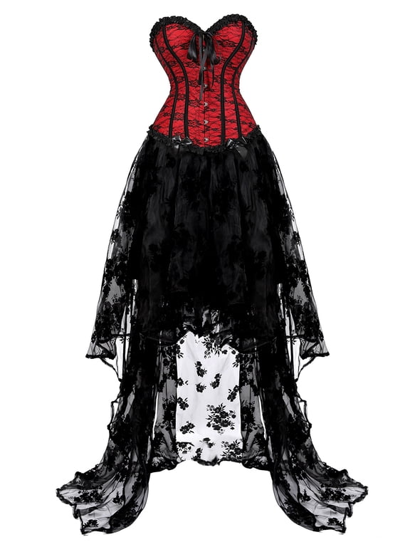 Corset for Women Bustier Overbust and 2 Pieces tutu Lingerie Gothic Lace basques Plus Size Red Black 2XL
