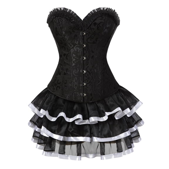 Corset for Women with Skirt 2 Piecess tutu Gothic Steel boned Plus Size Lace floral Lingerie Costume Black White L