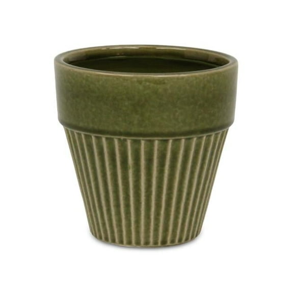 Corseta Tapered Vertical Lined Pattern Ceramic Pot, Olive Green - Large