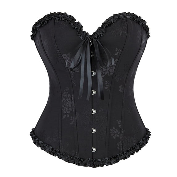 Corsets for Women Vintage Ruffles Halloween Boned Bustier Bodysuit with Front Tie Lace Up 1920S Retro Overbust Push Up Girdle for Women Black XS