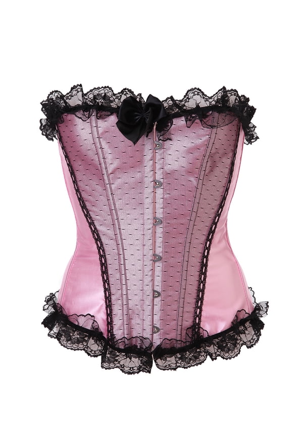 Corsets for Women Bustier Basques Floral Lace Trim Satin Waist Cincher Plus Size Cosplay Costume Victorian Pink 5XL